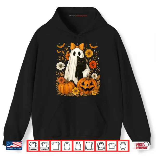Hoodie Ghost Holding Black Cat Groovy Floral Vintage Halloween Shirt
