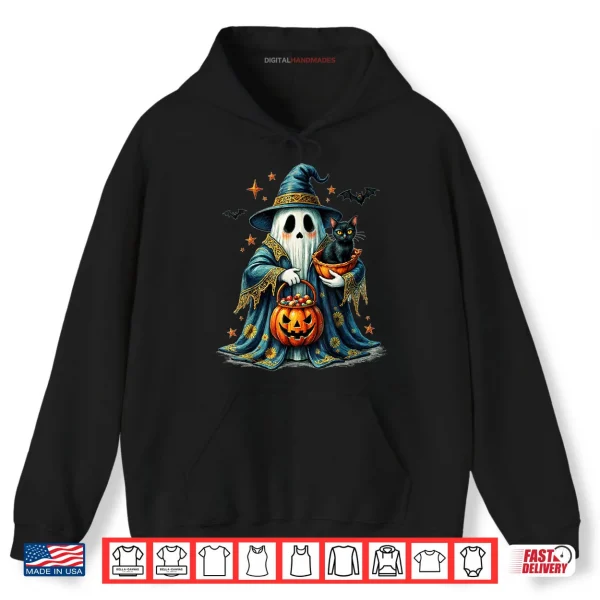 Hoodie Ghost Holding Black Cat Lover Halloween Groovy Floral Shirt