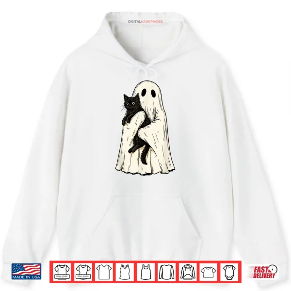 Hoodie Ghost Holding Black Cat Vintage Halloween Shirt