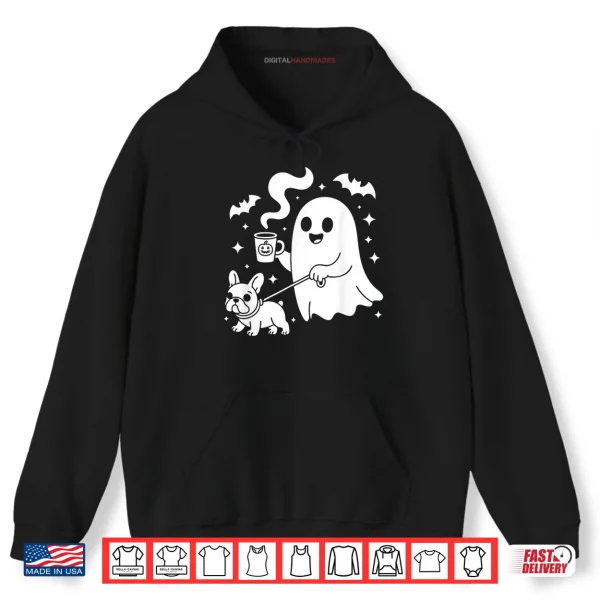 Hoodie Ghost Walking Dog French Bulldog Coffee Halloween Costume Shirt