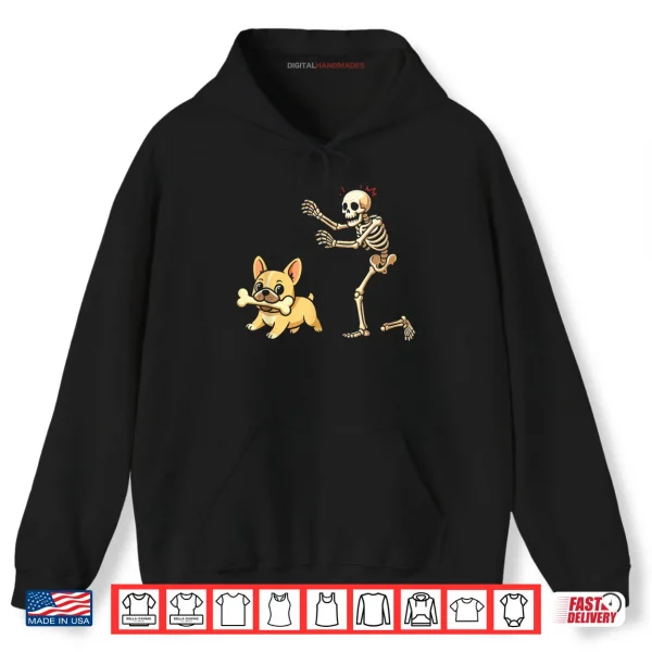 Hoodie Halloween Dog Funny Skeleton Chasing French Bulldog Shirt