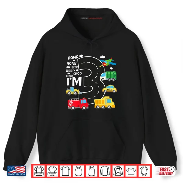 Hoodie Kids 3rd Birthday 3 Year Old Transportation Toddler Boy Car Truck Shirt