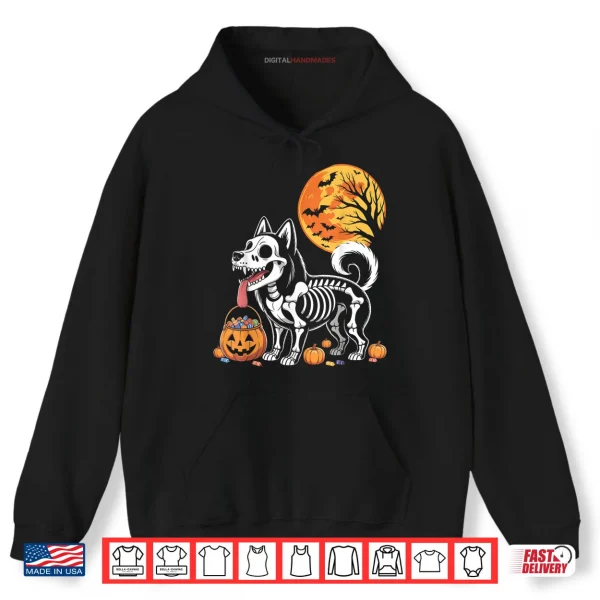 Hoodie Siberian Husky Dog Skeleton Scary Pumpkin Moon Halloween Shirt