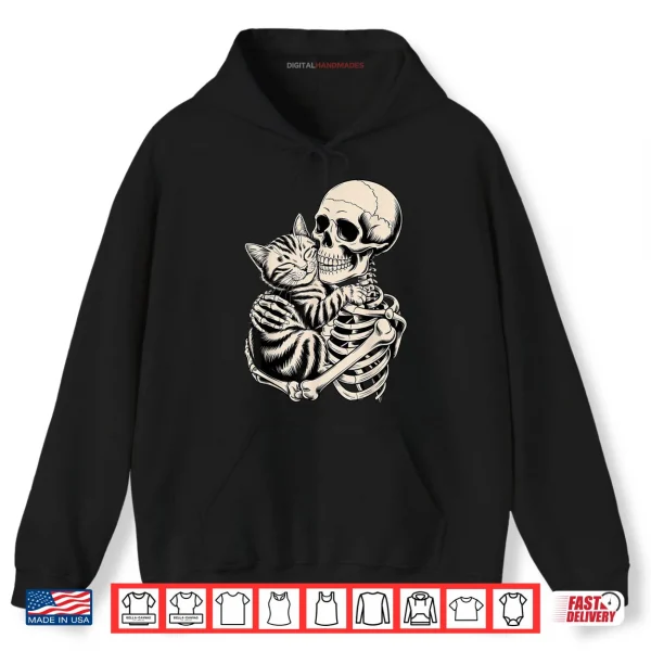 Hoodie Skeleton Hugging Cat Halloween Cat Lover Cat Mom Dad Shirt