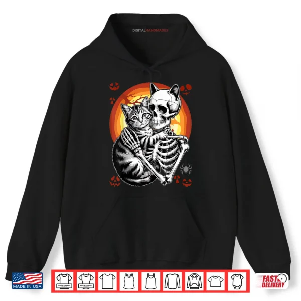 Hoodie Skeleton Hugging Cat Lover Halloween Shirt