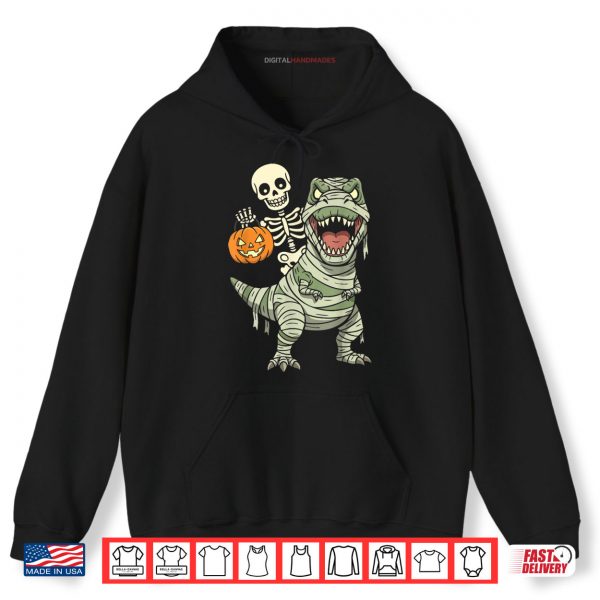 Hoodie Skeleton Riding Mummy Dinosaur T rex Halloween Funny Pumpkin Shirt