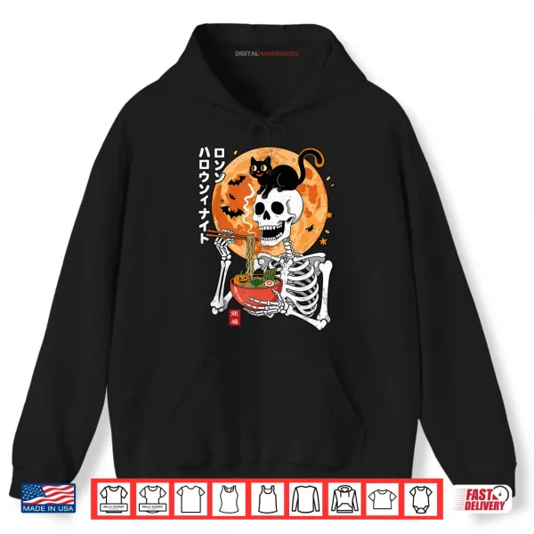 Hoodie Spooky Skeleton Eating Ramen Bowl with Cat Halloween Shirt