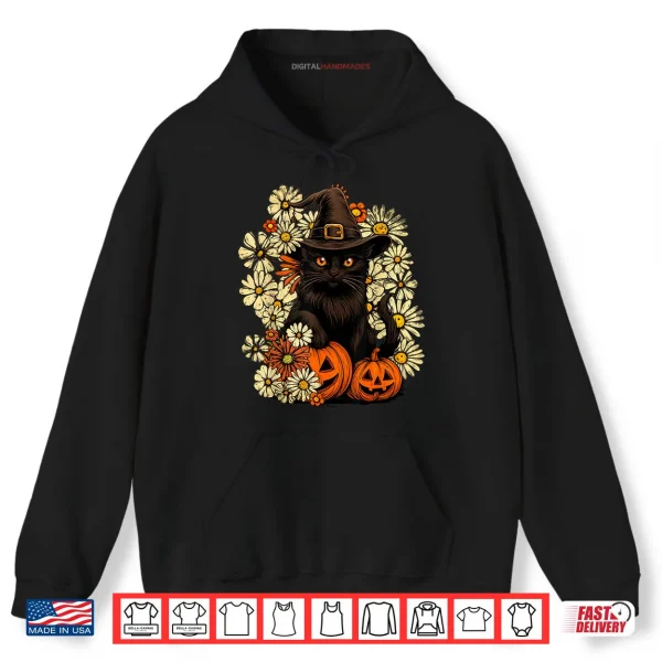 Hoodie Witchy Black Cat with Flowers and Pumpkin Halloween Shirt
