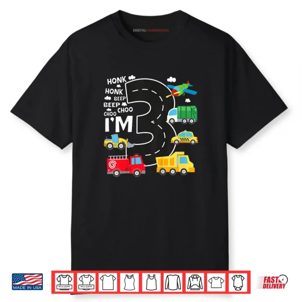 Kids 3rd Birthday 3 Year Old Transportation Toddler Boy Car Truck Shirt
