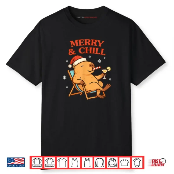 Merry And Chill Capybara Christmas Humor Holiday Vacation Shirt
