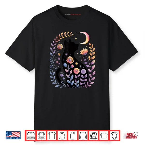 Midnight Cat and Crescent Enchanted Lunar Garden Scene Shirt