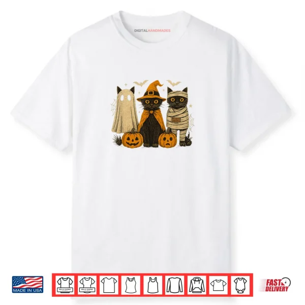 Retro Black Cat Witch Scary Halloween Pumpkin Shirt