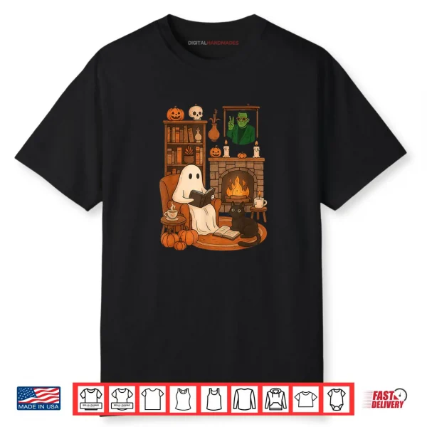 Retro Halloween Cozy Ghost Reading Book by 90s Frankenstein Shirt