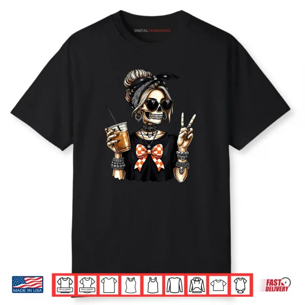 Skeleton Girl Drinking Coffee Peace Sign Graphic Shirt