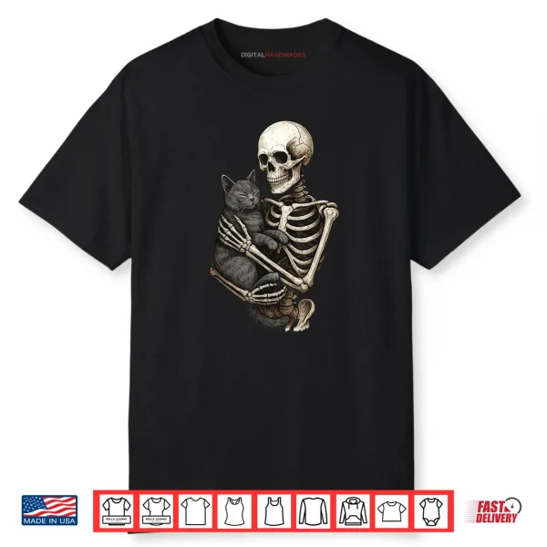 Skeleton Hugging Cat Halloween Cats Lover Cat Mom Cat Dad Shirt