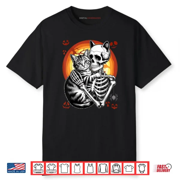 Skeleton Hugging Cat Lover Halloween Shirt