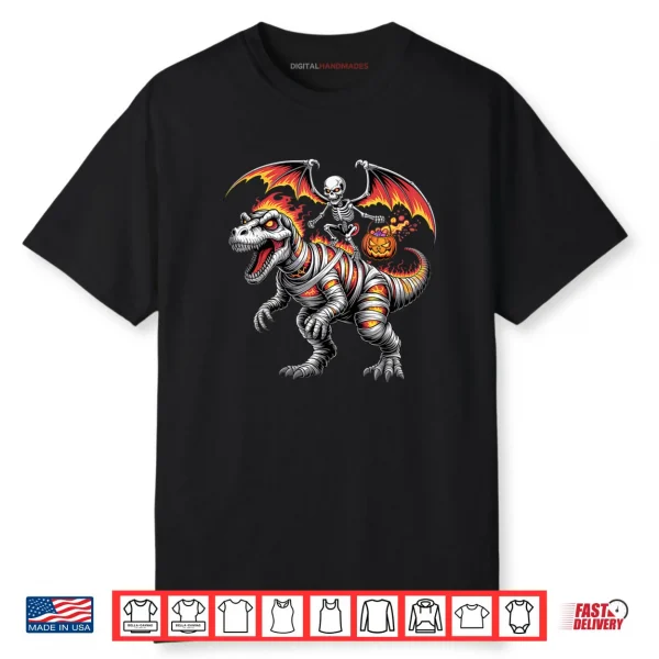 Skeleton Riding Dinosaur T Rex Halloween Pumpkin Shirt