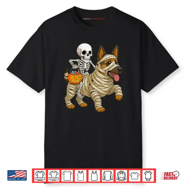 Skeleton Riding Mummy German Shepherd Dog Halloween Funny Shirt