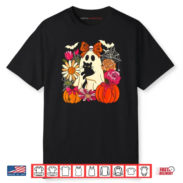 Spooky Ghost Holding Black Cat Groovy Floral Halloween Goth Shirt