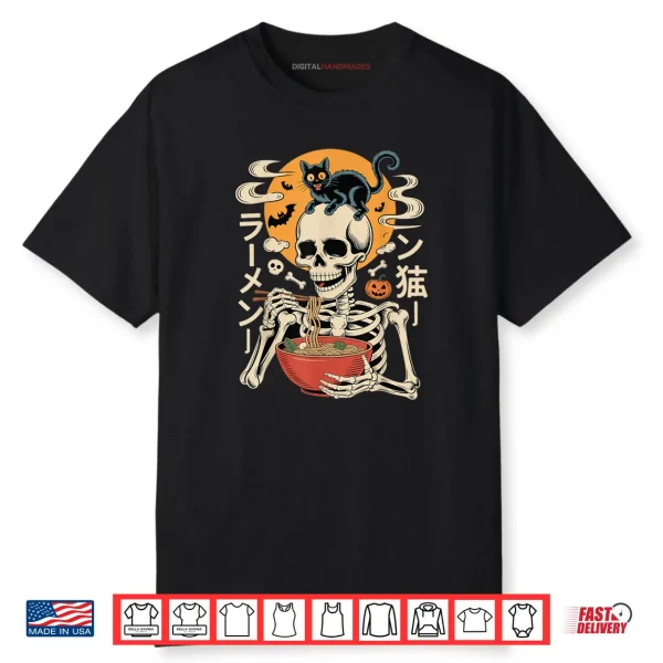 Spooky Skeleton Eating Ramen Bowl With Cat Halloween Art Shirt