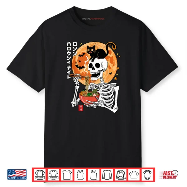 Spooky Skeleton Eating Ramen Bowl with Cat Halloween Shirt