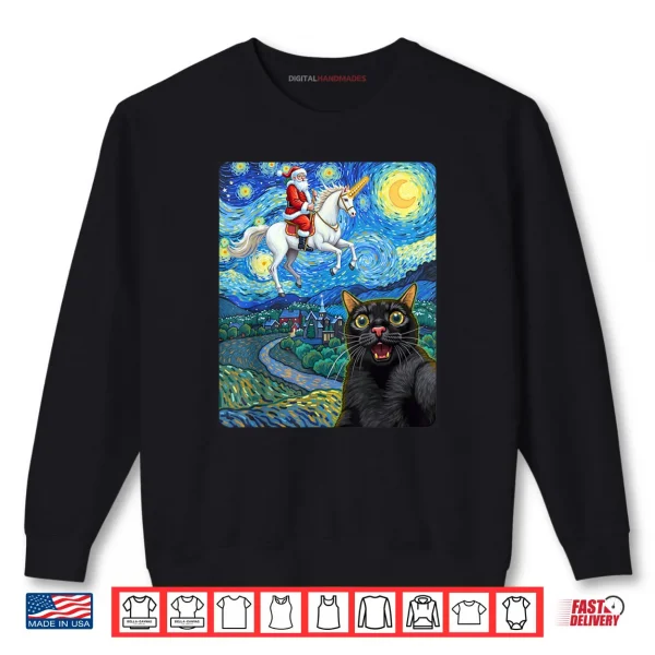 Sweatshirt Black Cat Selfie with Santa Unicorn Starry Night Oil Paint Shirt