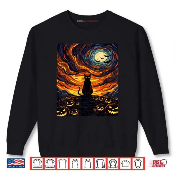 Sweatshirt Black Cat Van Gogh Starry Night Halloween Cat Shirt