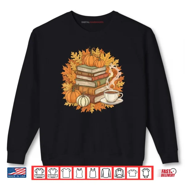 Sweatshirt Books Coffee Fall Leaves and Pumpkins Vintage Library Shirt