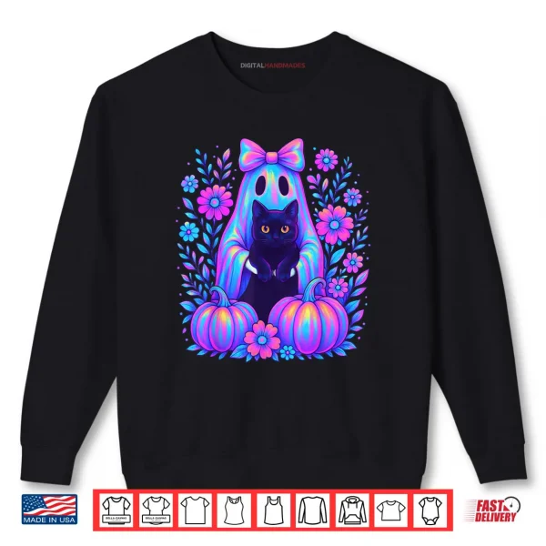 Sweatshirt Colorful Halloween Ghost Holding Black Cat Bow Spooky Shirt