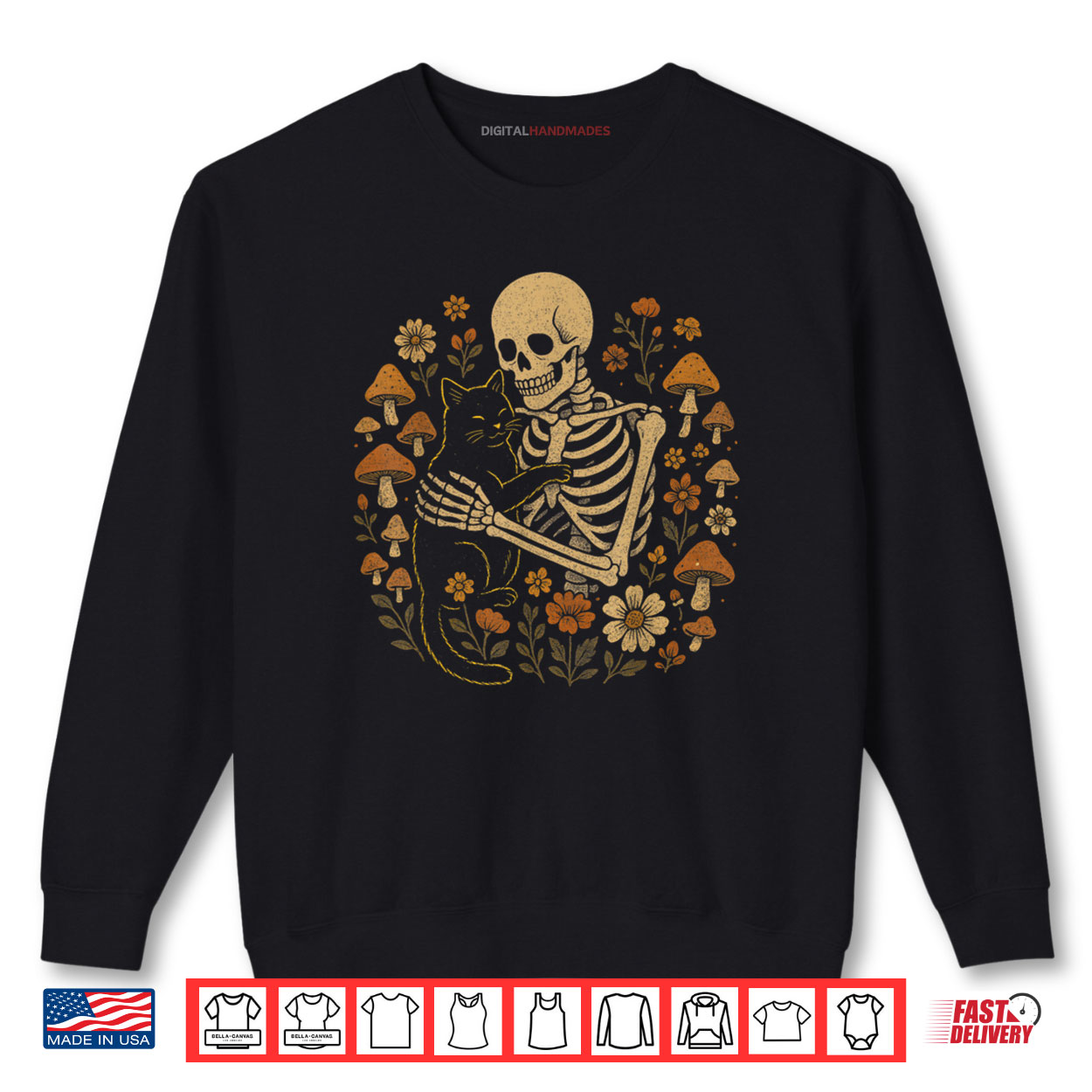 Cottagecore Aesthetic Floral Mushroom Skeleton Hugging Cat Shirt