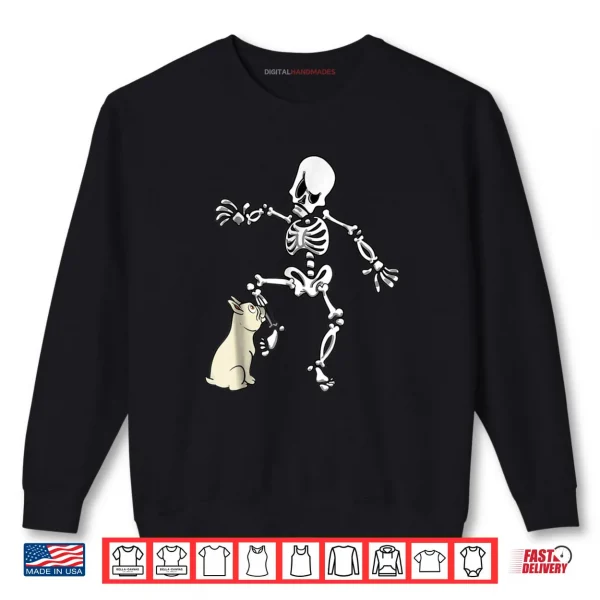 Sweatshirt Cream French Bulldog Biting Skeleton Leg Halloween Shirt