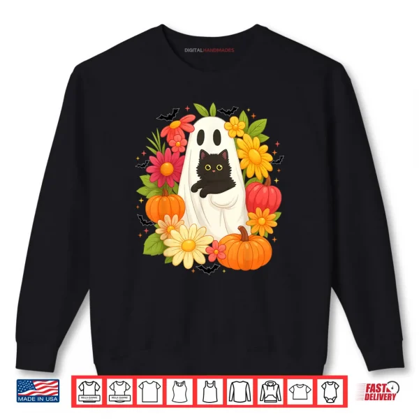 Ghost Floral Black Cat Groovy Vintage Boo Halloween Shirt 1 Sweatshirt Ghost Floral Black Cat Groovy Vintage Boo Halloween Shirt