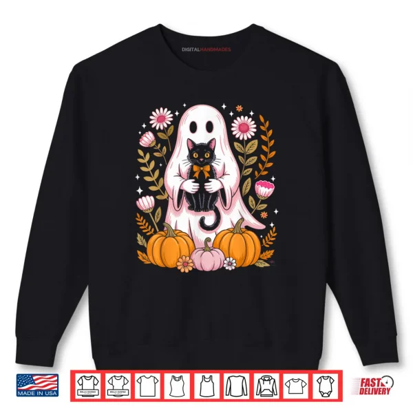Sweatshirt Ghost Holding Black Cat Groovy Floral Cute Halloween Shirt