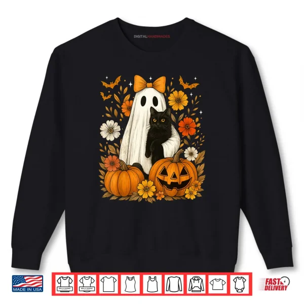 Sweatshirt Ghost Holding Black Cat Groovy Floral Vintage Halloween Shirt