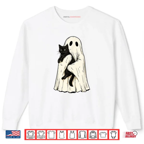 Sweatshirt Ghost Holding Black Cat Vintage Halloween Shirt