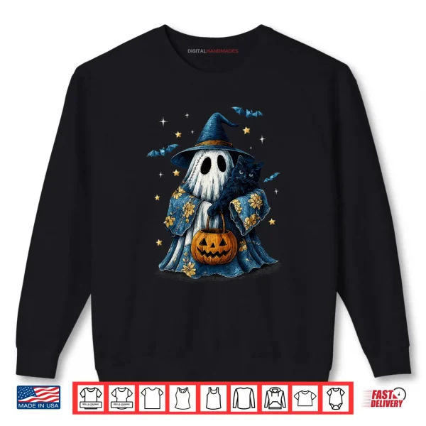 Sweatshirt Halloween Ghost Holding Black Cat Groovy Floral Shirt