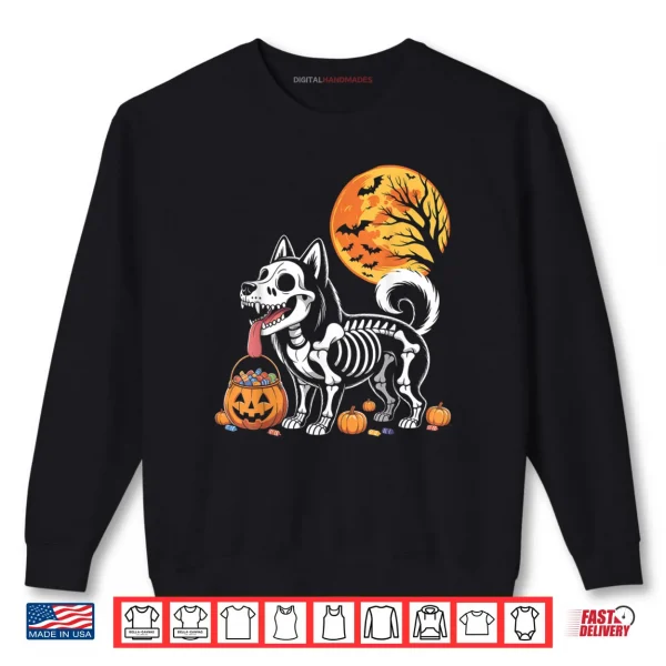 Sweatshirt Siberian Husky Dog Skeleton Scary Pumpkin Moon Halloween Shirt