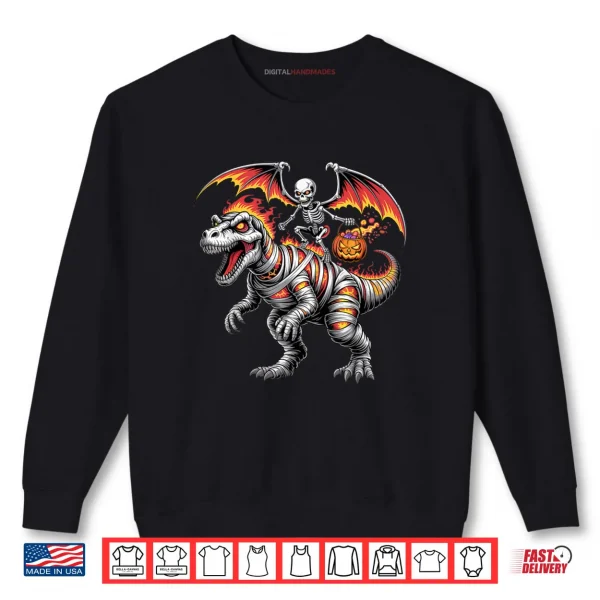 Sweatshirt Skeleton Riding Dinosaur T Rex Halloween Pumpkin Shirt