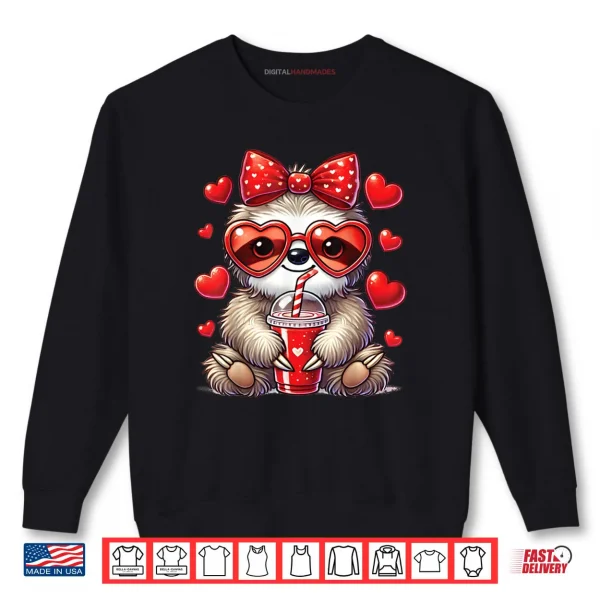 Sweatshirt Sloth holding heart drinking Coffee sloth valentines Day Bow Shirt