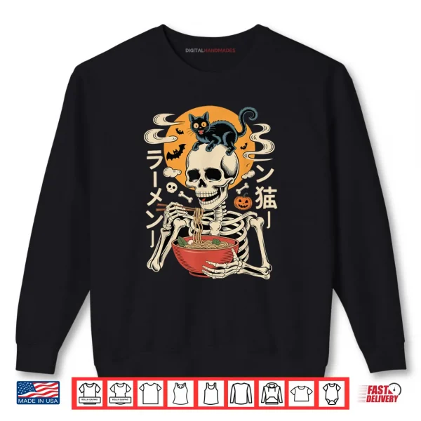 Sweatshirt Spooky Skeleton Eating Ramen Bowl With Cat Halloween Art Shirt