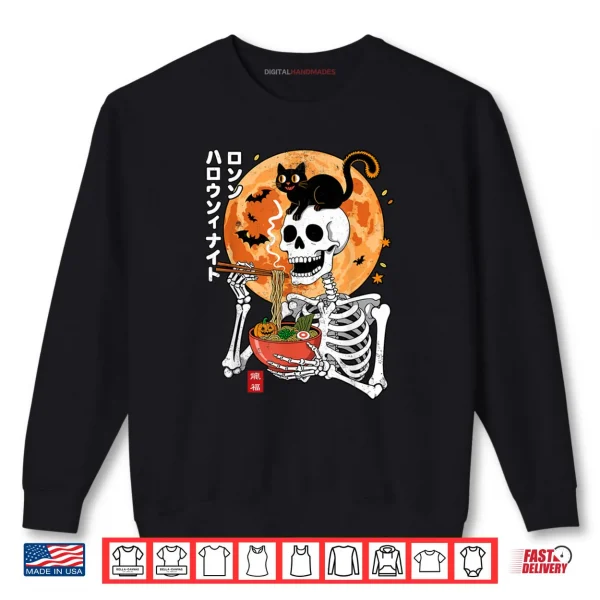 Sweatshirt Spooky Skeleton Eating Ramen Bowl with Cat Halloween Shirt