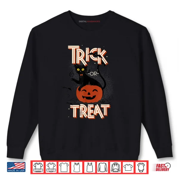 Sweatshirt Trick or Treat Black Cat on Pumpkin Halloween Shirt