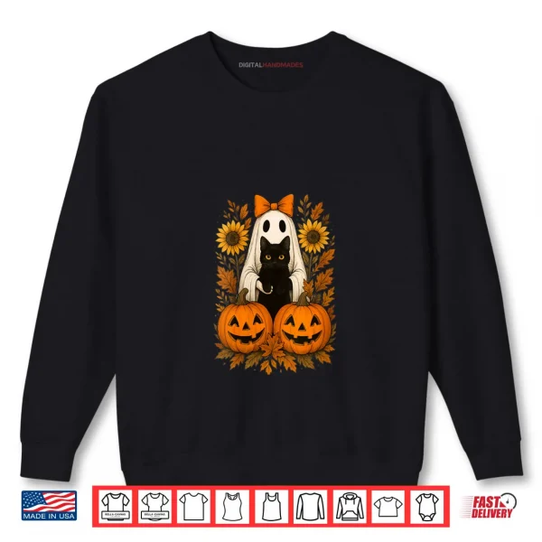 Sweatshirt Vintage Cute Halloween Ghost Holding Black Cat Autumn Fall Shirt
