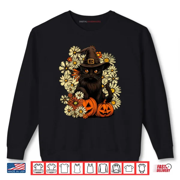 Sweatshirt Witchy Black Cat with Flowers and Pumpkin Halloween Shirt