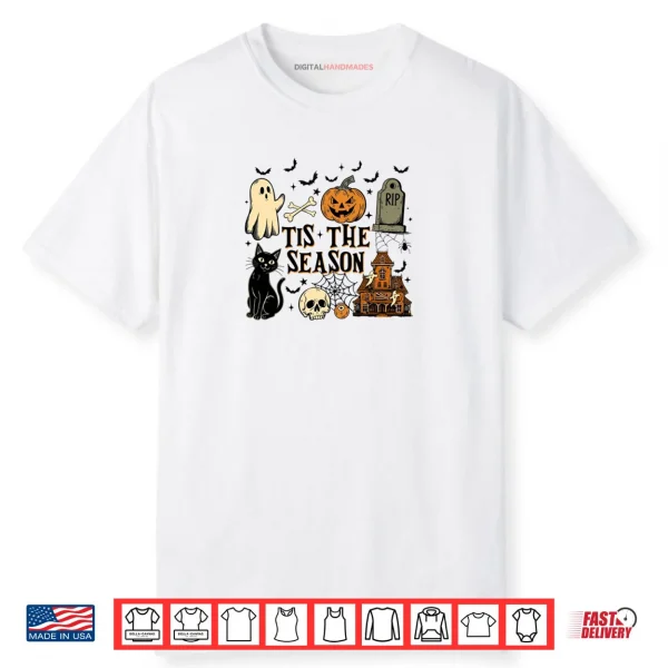 Tis The Season Ghost Halloween Pumpkin Spooky Vibes Cat Shirt