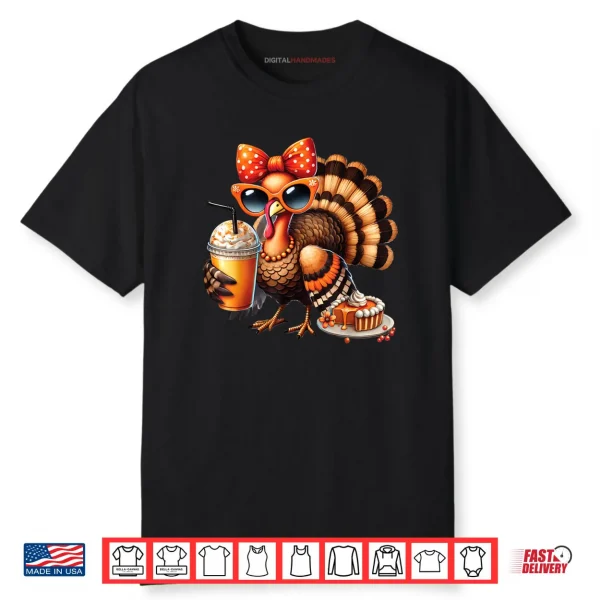 Turkey Drinking Coffee Bow Thanksgiving Womens Turkey Day Shirt