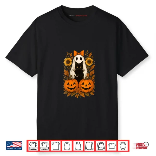 Vintage Cute Halloween Ghost Holding Black Cat Autumn Fall Shirt