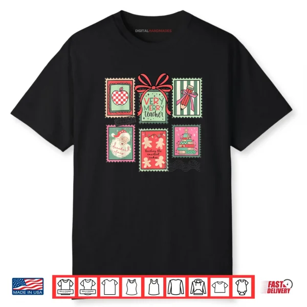 Vintage Preppy Very Merry Teacher Santa Stamps Christmas Shirt