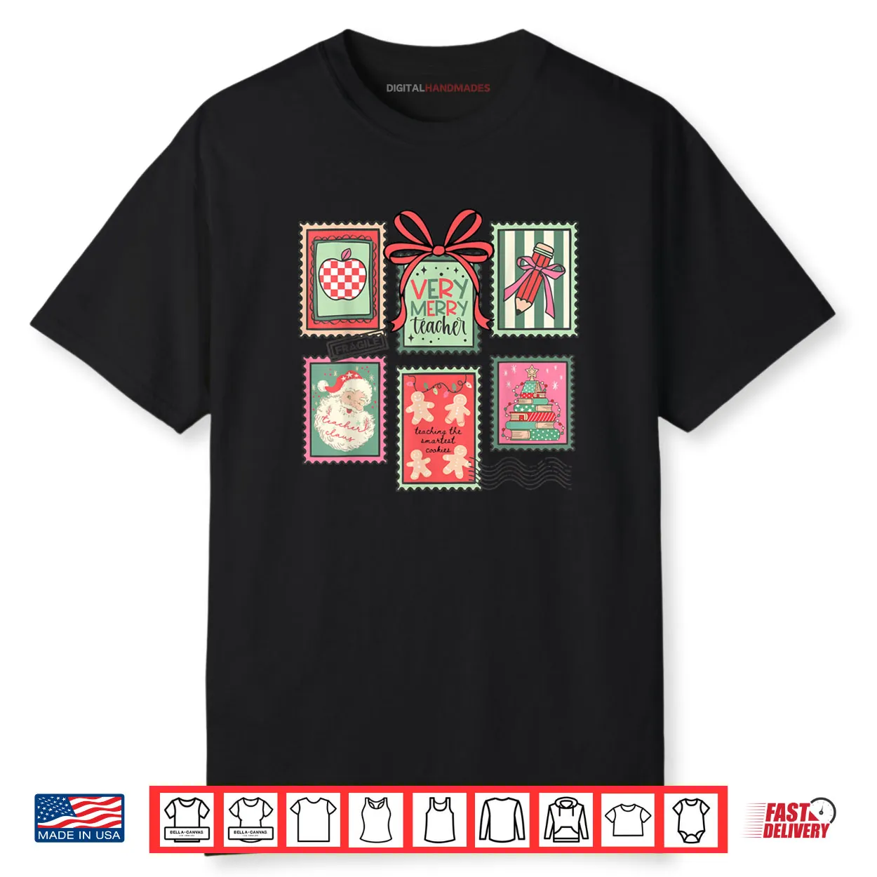 Vintage Preppy Very Merry Teacher Santa Stamps Christmas Shirt Vintage Preppy Very Merry Teacher Santa Stamps Christmas Shirt