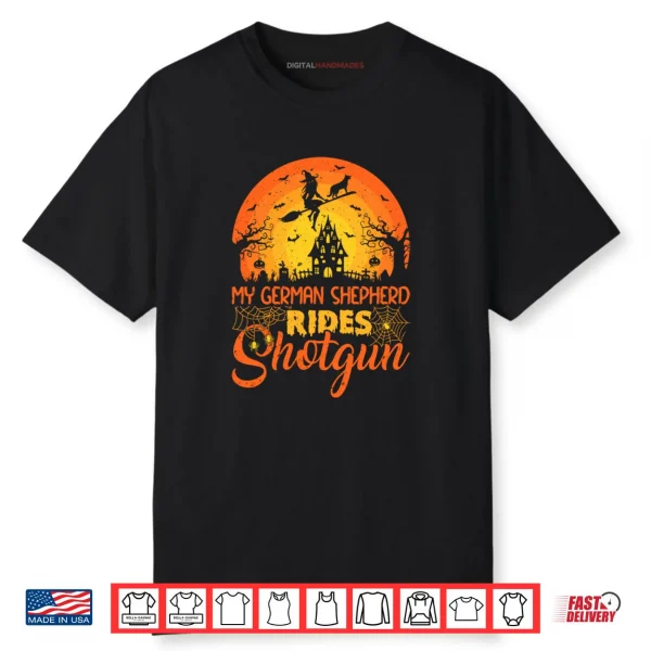 Vintage Witch My German Shepherd Rides Shotgun Halloween Shirt